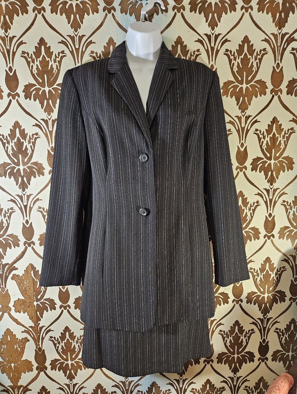 KAREN SCOTT 2-PIECE Skirt Suit Set Black W/white Pinstripe Women's Size 12 Skirt